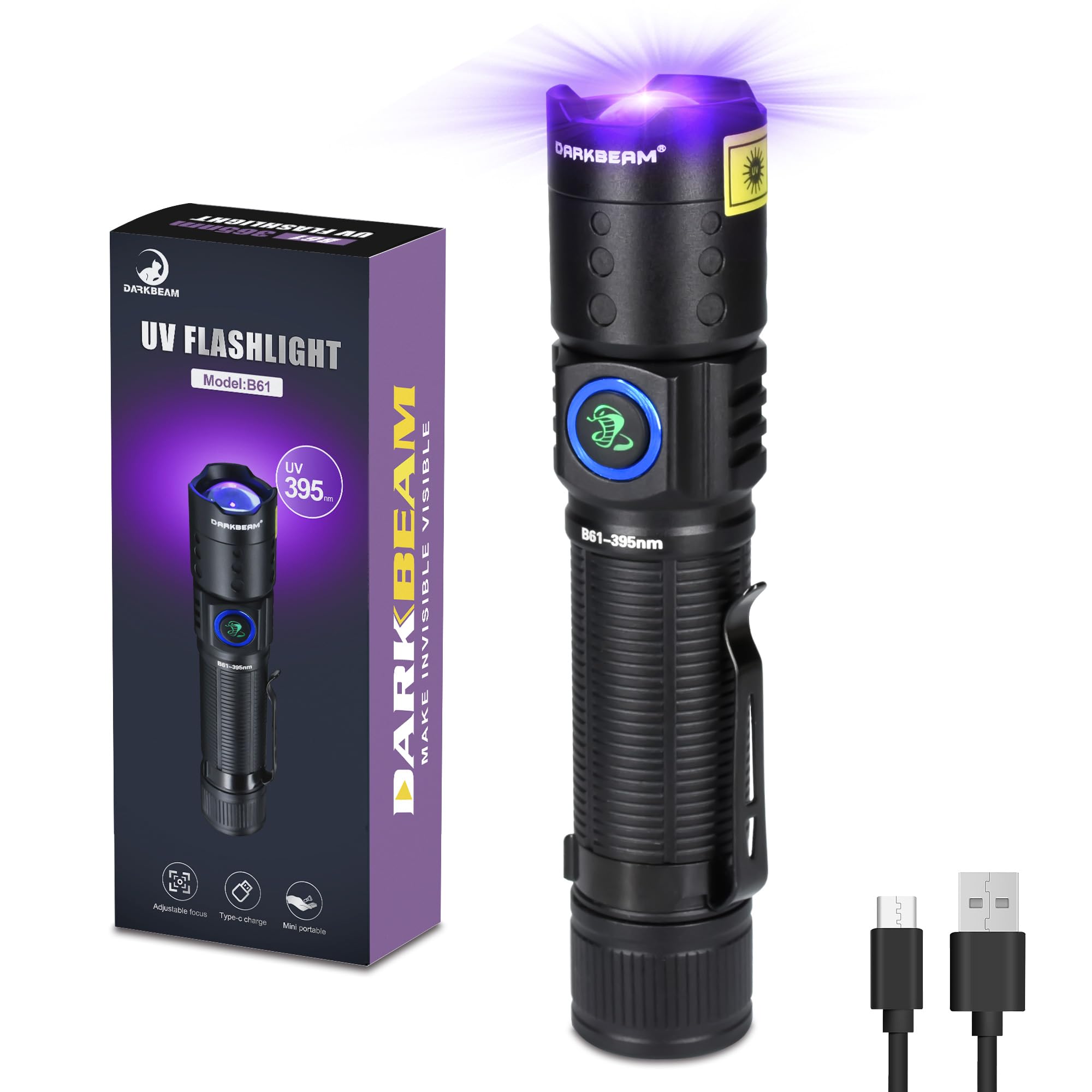 DARKBEAM UV Flashlight Black Light LED 395 NM, Ultraviolet Flashlights, Rechargeable USB-C Woods Lamp, Water Resistant Focusable, for Leak Detection and Curing UV Resin