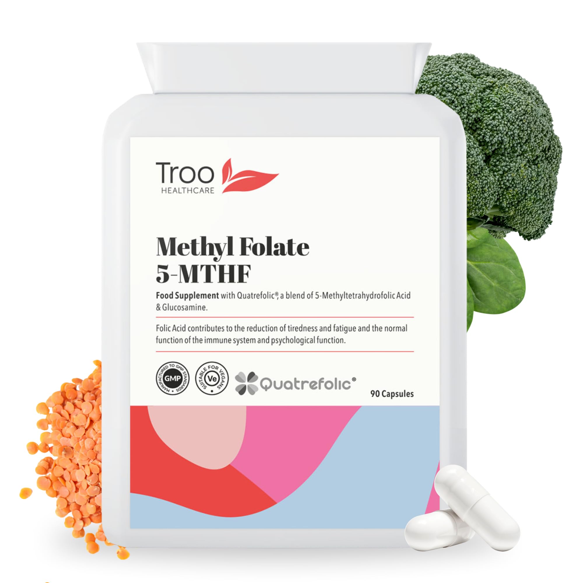 Troo Health Care Folic Acid 600µg 90 Capsules as Quatrefolic Methyl Folate 5-MTHF Supplement - 6S-5-Methyltetrahydrofolate - Superior Bioavailable Activated Folic Acid Supplement - UK Manufactured