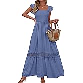 PRETTYGARDEN Women's Smocked Summer Maxi Dresses 2026 Ruffle Cap Sleeve Square Neck Lace Detail Flowy Sundress with Pockets