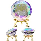 SWTHONY 80mm(3.15 inch) Crystal Big Fake Diamond Paperweight Rainbow Maker, Background for Nail Pictures, with Gold Metal Base Home Decor (AB-Coated)