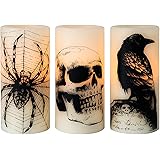 Eldnacele Halloween Flickering Candles with Skull, Spider Web, Crow Raven Decals Set of 3, Battery Operated Halloween Themed 