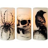 Eldnacele Skull Halloween Flameless Candles Battery Operated with 6H Timer | LED Pillar Candles Flickering, Spider Web Crow Raven Halloween Decals, Spooky Halloween Indoor Decoration, 3