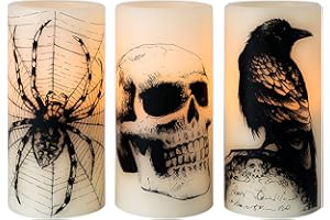 Eldnacele Halloween LED Flameless Flickering Candles Battery Operated with 6H Timer Skull Spider Web Crow Raven Spooky Decals Halloween Themed Indoor Decoration(3 Pack, D3 x H6)