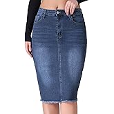 CIMUK Women's Denim Skirt High Waist Raw Hem Pockets Stretch Bodycon Pencil Skirt Knee Length Jean Skirts