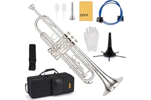 ZEFF Bb Standard Trumpet for Beginners,Trumpet for Student with Hard Case,7C Mouthpiece,Cleaning Cloth,Gloves,Brass Musical Instruments for Kids and Adults,Silver-plated Trumpet