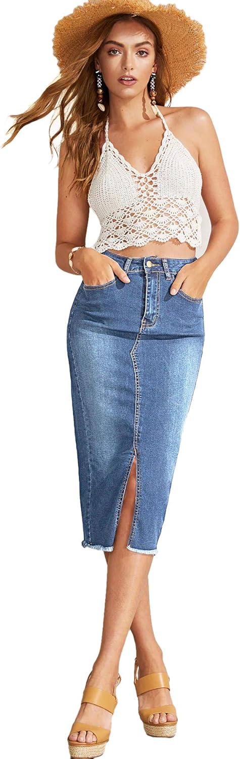 SheIn Women's Slit Midi Denim Skirt Below Knee Length Stretchy Slim Fit Jean Pencil Skirt: Clothing