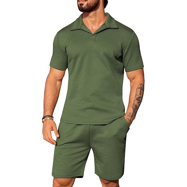 COOFANDY Men's Waffle Knit Polo Shirt and Shorts Set 2 Pieces