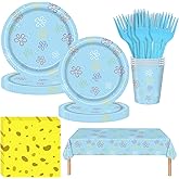 Slynxr 121PCS Cartoon Sponge Birthday Party Supplies Disposable Blue Ocean Flowers Bubbles Tablecloth, Cups, Plates, Forks, Napkins Sponge Theme Birthday Decorations for 24 Guests