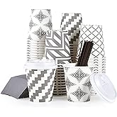 LITOPAK 100 Pack 10 oz Paper Coffee Cups with Lid, Sleeve, and Straws, Four Designs of Disposable Hot Coffee Cups for Home, Stores, and Cafes