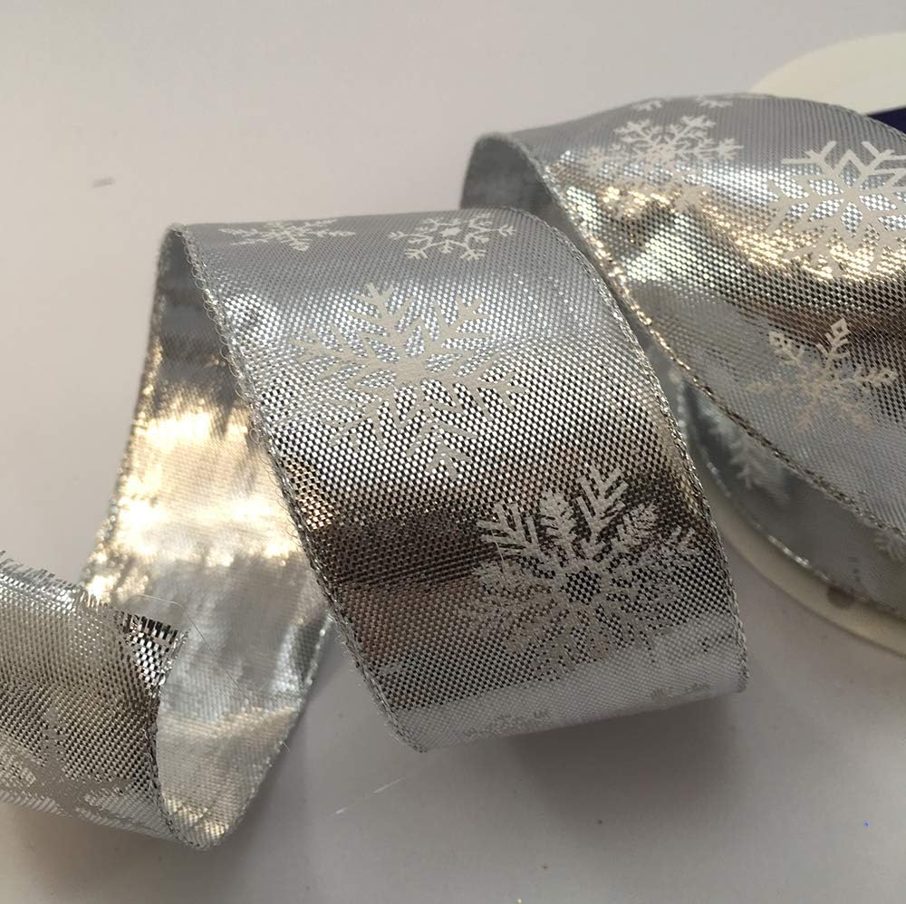 Wire edge silver lurex glamour ribbon with white snowflake design 40mm x 1M cut from roll