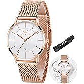 OLEVS Women's Watch Luxury Dress Rose Gold Women Slim Thin Lightweight Watch Stainless Steel Mesh Watches Fashion Waterproof Ladies Wrist Watch Black White Blue Face,Adjustable Bracelet