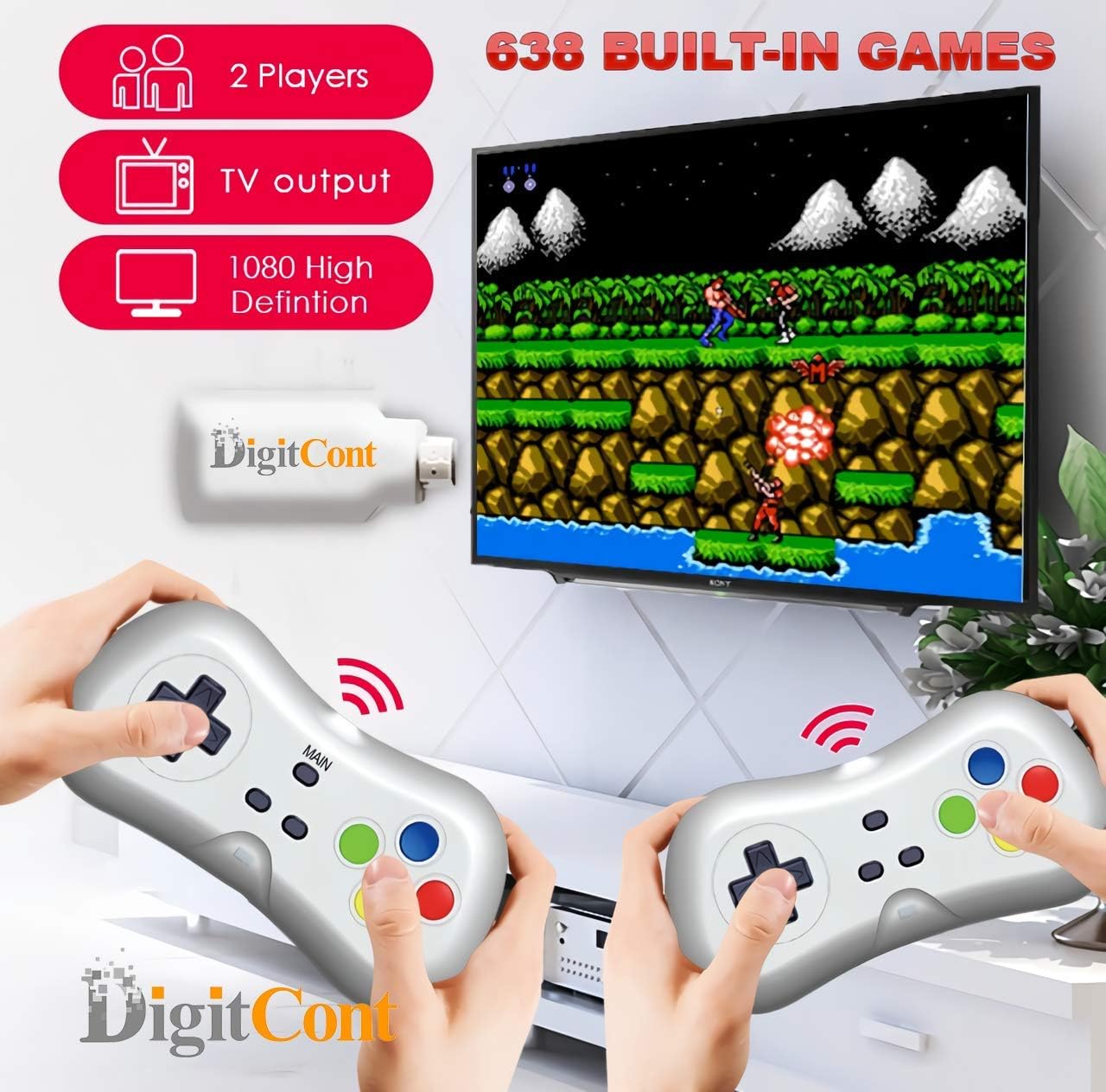 DigitCont Retro Game 2.4G Wireless Game Dongle Easy Plug and Play Built-in 638 Classic Games 1080p HDMI 2 Players Support Black: Toys & Games