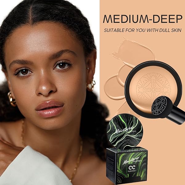 MUSHROOM HEAD AIR CUSHION CC CREAM – BB CREAM FOUNDATION MAKEUP MOISTURIZING CONCEALER LONG-LASTING, CUSHION FOUNDATION FULL COVERAGE SELF ADJUSTING FOR MATURE SKIN & ALL SKIN TYPES (MEDIUM DEEP)