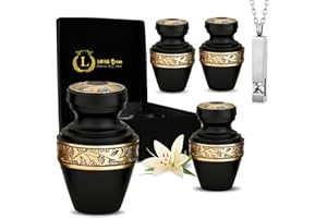 LIFAG Black and Gold Mini Urns for Human Ashes Set of 4 with Necklace & Gift Box | Hand-Engraved Cremation Keepsakes for Ashes | Premium Matte Finish Miniature Urn for Men & Women, 3 Inches