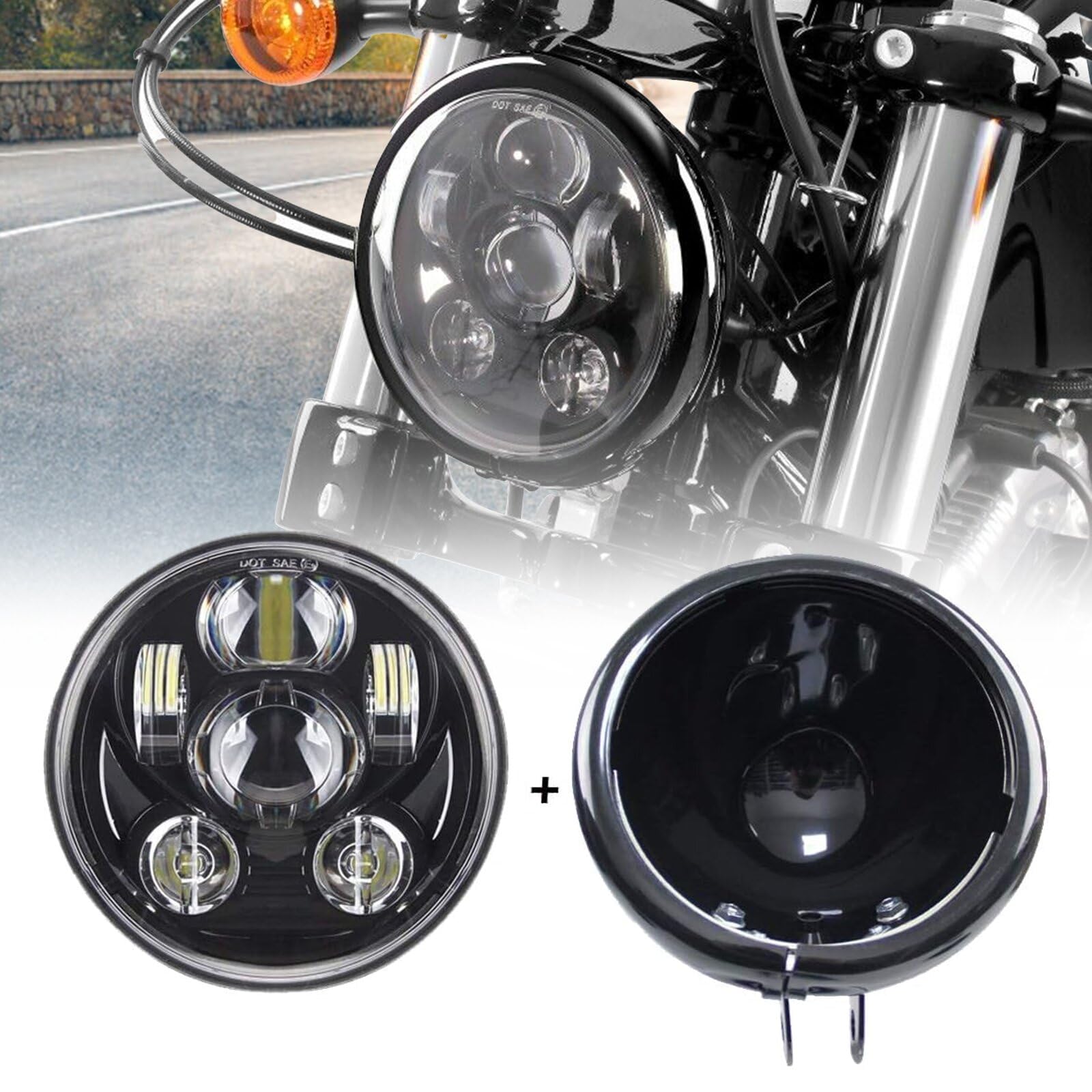 SKUNTUGUANG 5.75 Inch headlights Housing bucket with 5.75" inch Motorcycle Led Headlight Lamp angel eye Compatible with Harley Black Projector