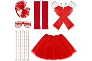 jiebor 80s Costume Outfits Accessories for Girls Kids Tutu Skirt Leg Warmers Fishnet Gloves Shutter Glass Headband Necklace
