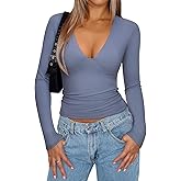 REORIA Women's Sexy Plunge Deep V Neck Long Sleeve Basic T Shirts Trendy Slim Fit Lightweight Y2K Going Out Crop Tops