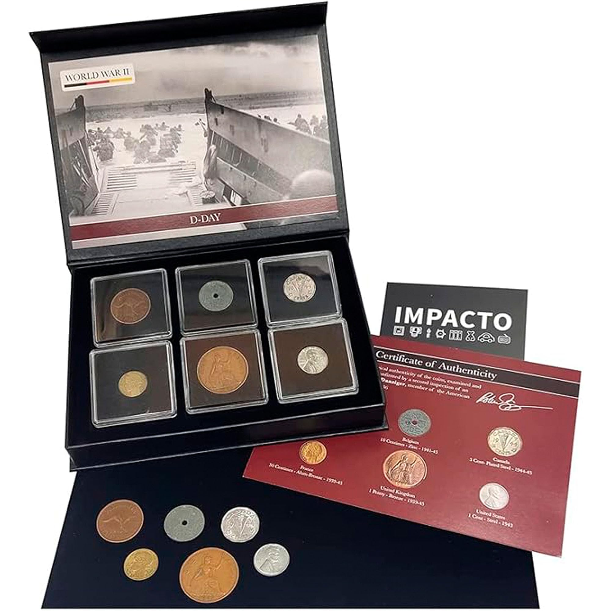 IMPACTO COLECCIONABLES WWII Coins - 6 coins used during the war - D-Day Collection (1944) - Special Collectors Keepsake Pieces with Certificate of Authenticity