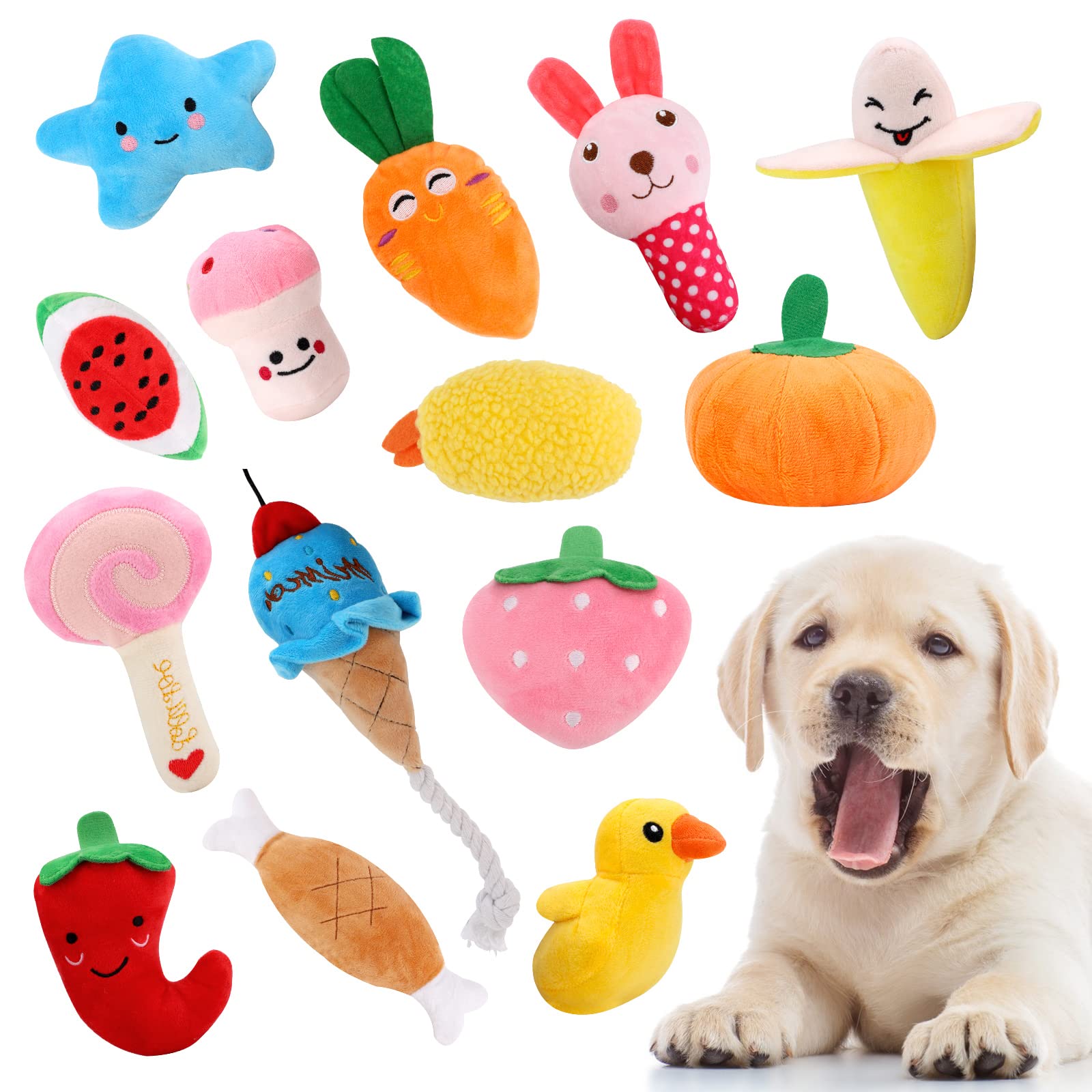 14 Pack Interactive Dog Toys - Squeaky Plush Teething Set With Fruit, Vegetable, Animal Designs for Puppies and Small to Medium Dogs