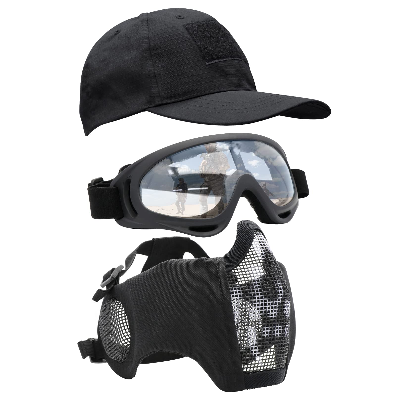 Yzpacc Airsoft Half Face Mask with Goggles& Patch Hat Set, Tactical Masks Full Face Ear Protective Baseball Cap for CS Halloween and Game (WB, 3PCS)