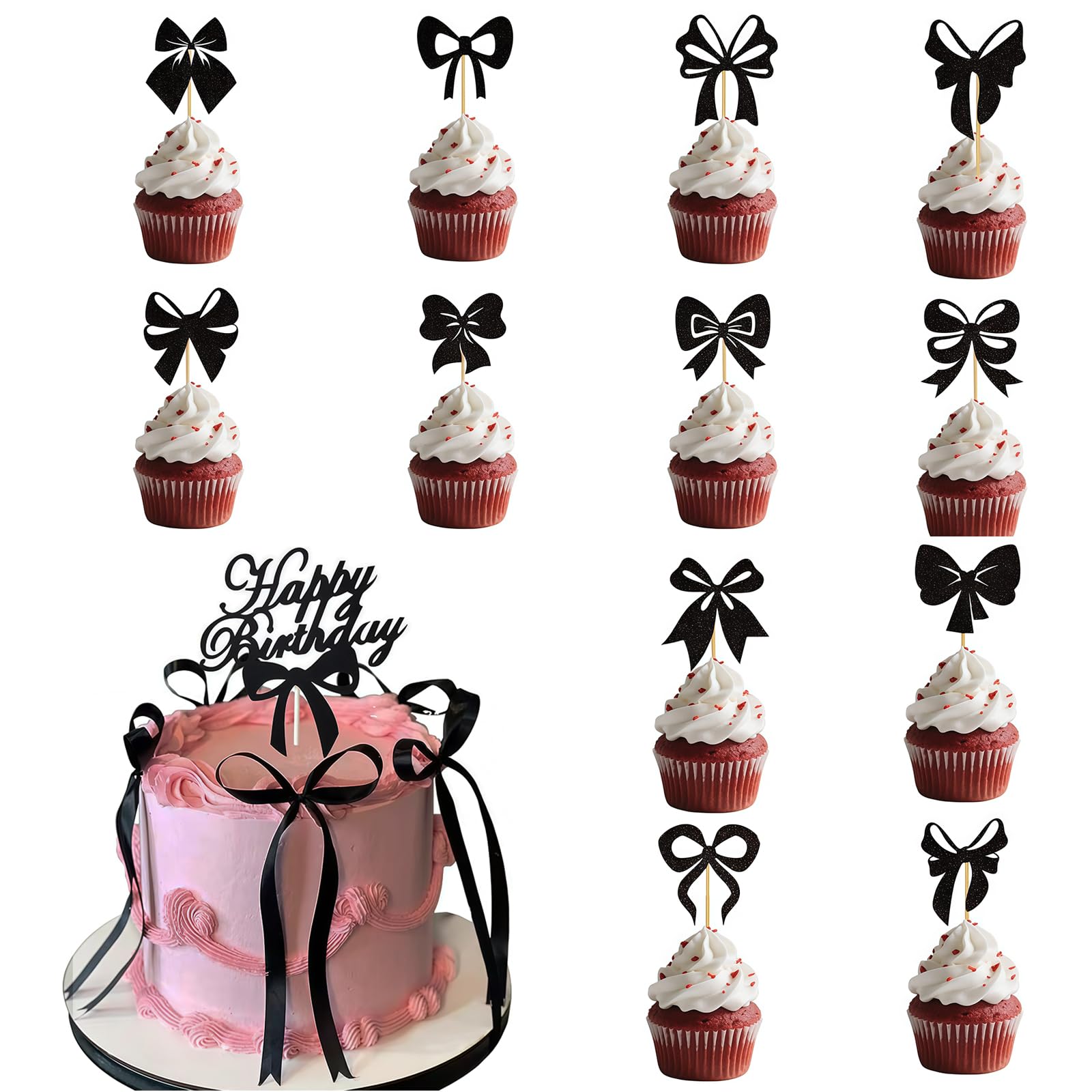 Zosutetoxo 25 Piece Happy Birthday Bow Cake Decoration Set, 12 Black Bow Cake Toppers with Birthday Sign for Vintage Party Decor for Girls and Women