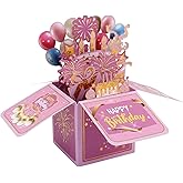 lasuroa Pop Up Birthday Card, Funny & Sweet 3D Birthday Greeting Card with Envelope Pink Foldable Celebration Gift Box for Women Mom Daughter Friend