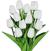 Eternal Blossom 12pcs White Tulips Artificial Flowers, 13.4" Artificial PU Flowers Fake Tulips for Spring Mother's Day Easter Valentine’S Day Gifts in Home Kitchen Wedding Dining Table Decorations
