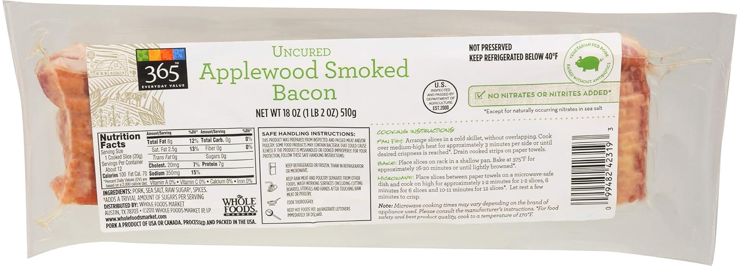 365 Everyday Value, Uncured Applewood Smoked Bacon, 18 oz