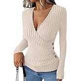 ANRABESS Long Sleeve Shirts for Women Sexy Sweater V Neck Ribbed Knit Slim Fit Wrap Top 2025 Fall Casual Fashion Clothes