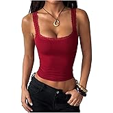 SOLY HUX Womens Lace Trim Square Neck Crop Camisole Sleeveless Ribbed Knit Fitted Cami Tops
