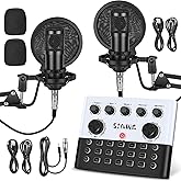 SINWE Podcast Equipment Bundle for 2, F993 Voice Changer with two 3.5mm Condenser Microphones, Live Sound Card - Audio Interface for Vlog/Live Streaming/Singing/YouTube/Gaming