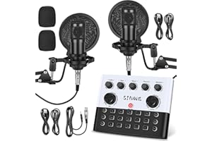 SINWE Podcast Equipment Bundle for 2, F993 Voice Changer with two 3.5mm Condenser Microphones, Live Sound Card - Audio Interf