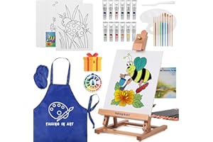 Falling in Art Painting Set for Kids with Table Easel, Acrylic Painting Starter Kit with Art Smock, Acrylic Paints, Colored Pencils, Paint Brushes, Canvas Panels and Watercolor Pad for Christmas Gift