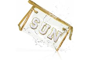 COSHAYSOO Clear Makeup Bag Preppy Sunscreen Zipper Pouch Cosmetic Beach Travel Summer Stuff Small Make Up Purse Organizer for Women Teen Girls with Trendy Cute Chenille Letter Patch Golden SUN