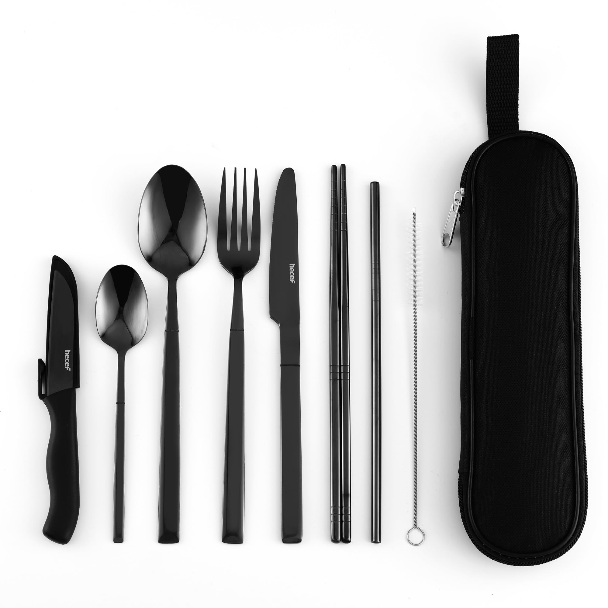 Elevate Your Outdoor Experience with Hecef Travel Cutlery Set - Portable Camping Flatware Set for 1, Durable 18/0 Stainless Steel & Chic Carry Case (Black)