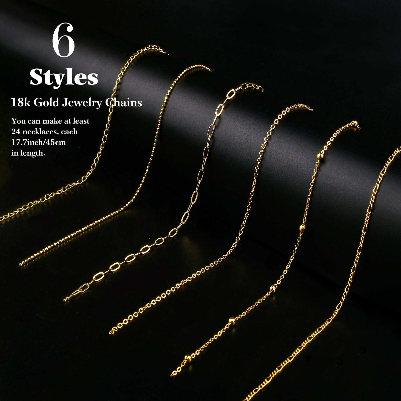Ecoofor 18k Gold Necklace Chains for Jewelry Making, 39.3 Feet 6 Rolls Bracelet Chains for DIY,6.5Feet Each Style, Gold Chain with Jump Rings/Lobster Clasps/Connectors