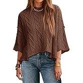 Saodimallsu Womens Cable Knit Cropped Sweaters Oversized 3/4 Sleeve Crew Neck Fall Casual Pullover Tops