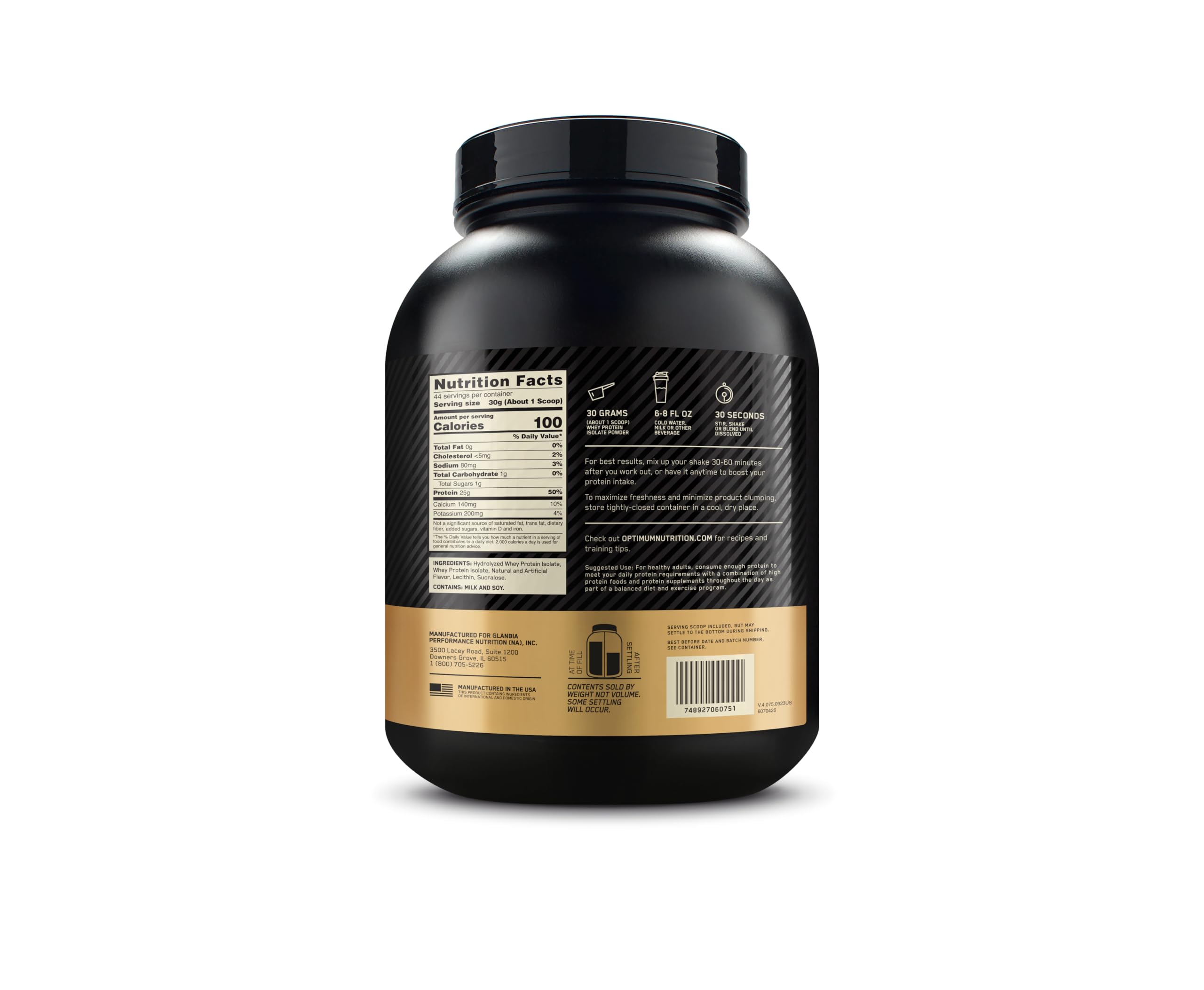 Optimum Nutrition Gold Standard 100% Isolate, Protein Powder, Rich Vanilla, 2.91 Pounds, 44 Servings. Whey Protein Isolate (Packaging May Vary)