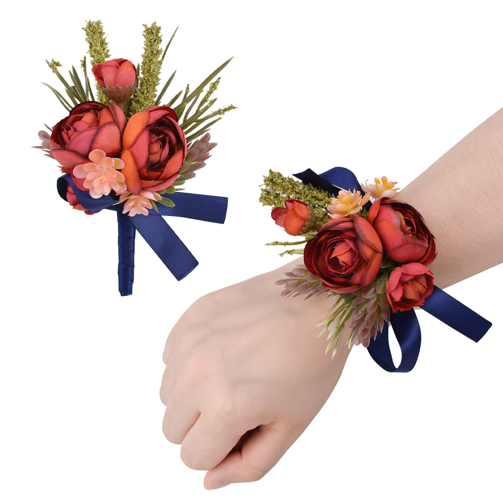 URROMA Corsage and Boutonniere Set, 1 Set Artificial Flower Wrist Corsage and Boutonniere for Bride Bridesmaid Groom Groomsman Prom Suit Wedding Decorations, Red