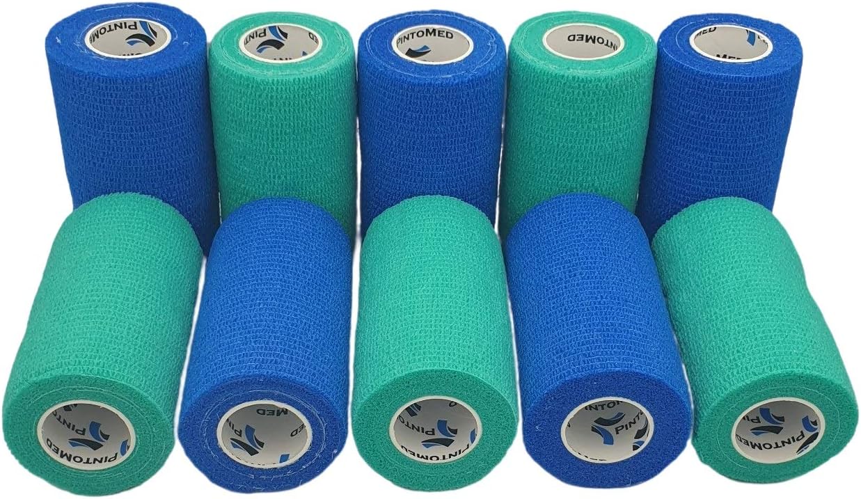 PintoMed - BLUE & GREEN Cohesive Bandage Stretched 10 Rolls x 10cm x 4.5m Self-adhesive Flexible Bandages, Professional Quality, First Aid Sports Wrap Bandages - Pack of 10