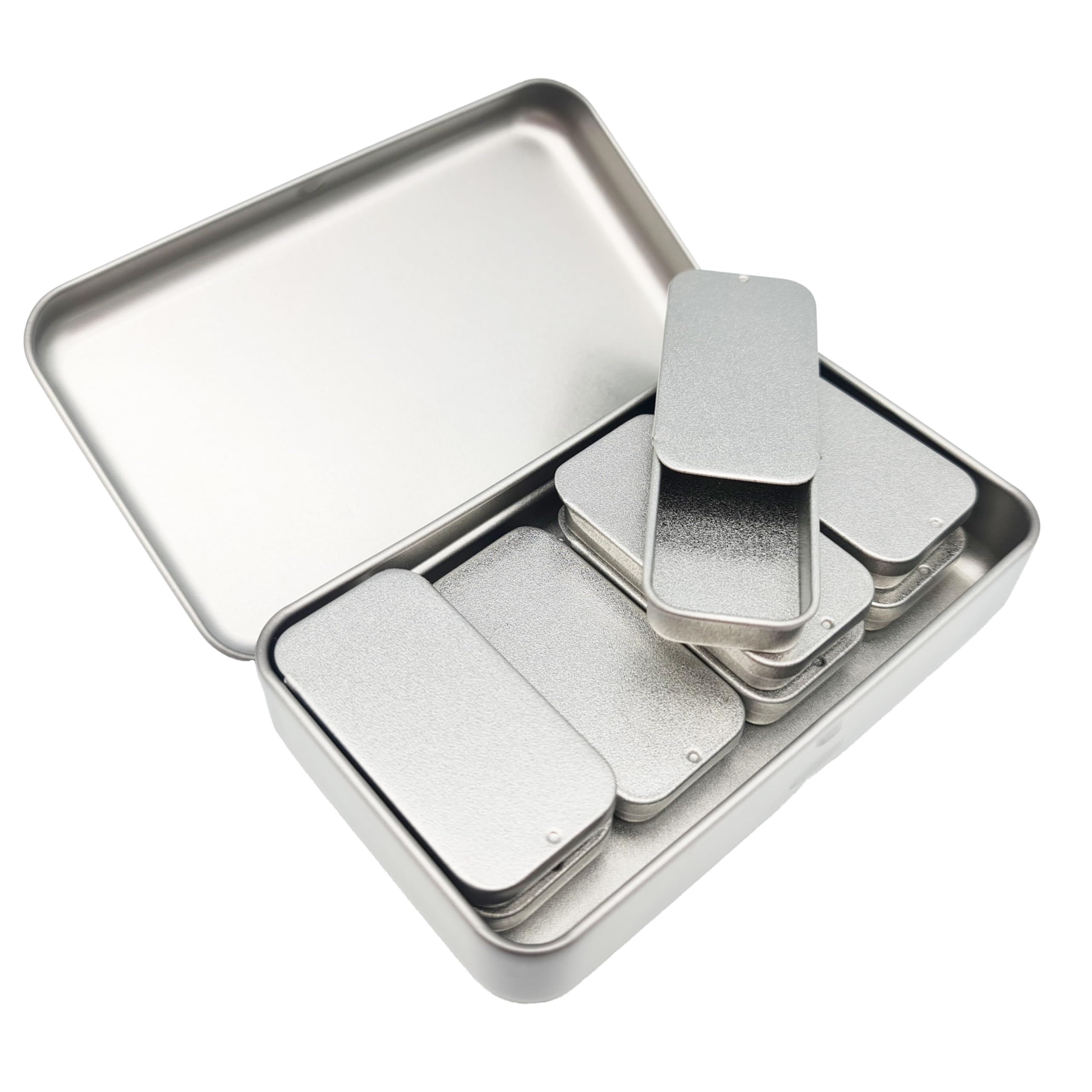 8 x Mini Pill Boxes in Organiser Tin - Plastic Free Metal Rectangular Tins with Sliding Lid 10ml in Hinged Silver Case for Discreet Weekly (7 Days +1) Medication or Everyday Carry
