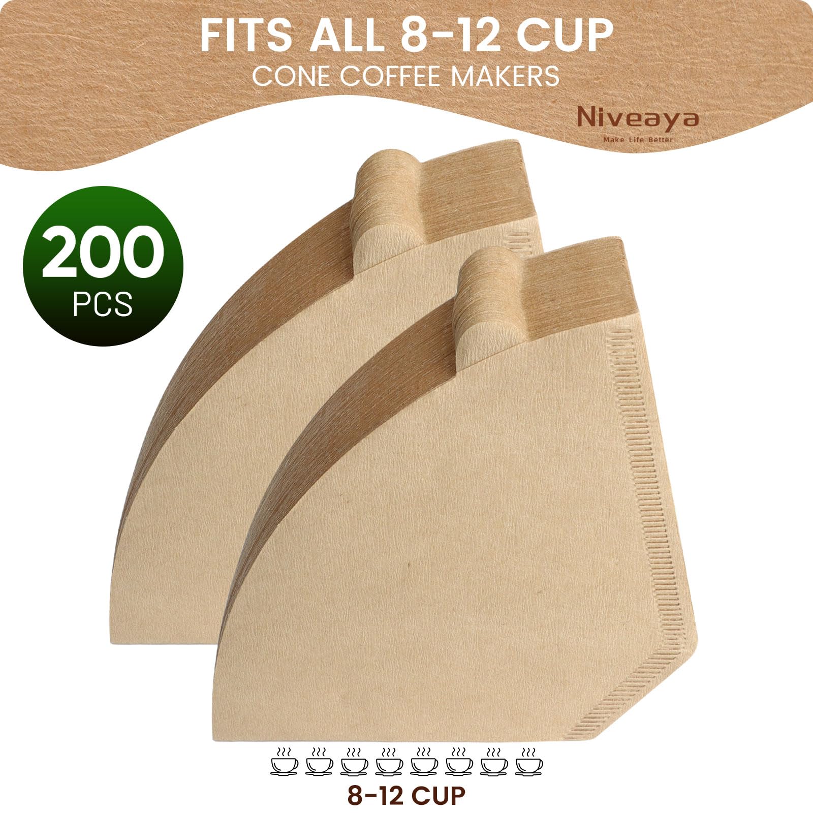 Niveaya 200 Count Coffee Filters #4, Unbleached Natural Brown Coffee Filters 8-12Cup, Disposable Cone Paper Fliters for Pour Over and Drip Coffee Maker