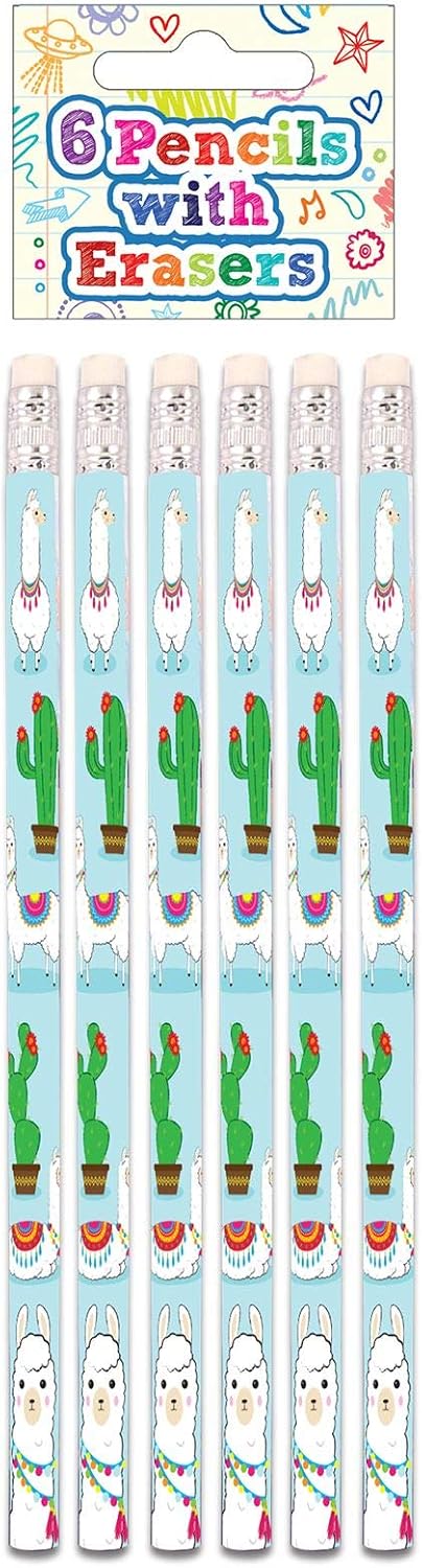 Henbrandt Children’s Llama Alpaca Pencils with Erasers Pack of 6 Kids Stationery Gift Birthday Xmas Party Favour Loot Bag Filler