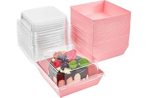 Kucoele 50 Pack Small Charcuterie Boxes with Clear Lids, 4 Inches Paper Bakery Boxes Dessert Boxes Disposable To Go Food Containers for Cookie, Cake Slice, Mini Cake, Chocolate Strawberry (Pink)