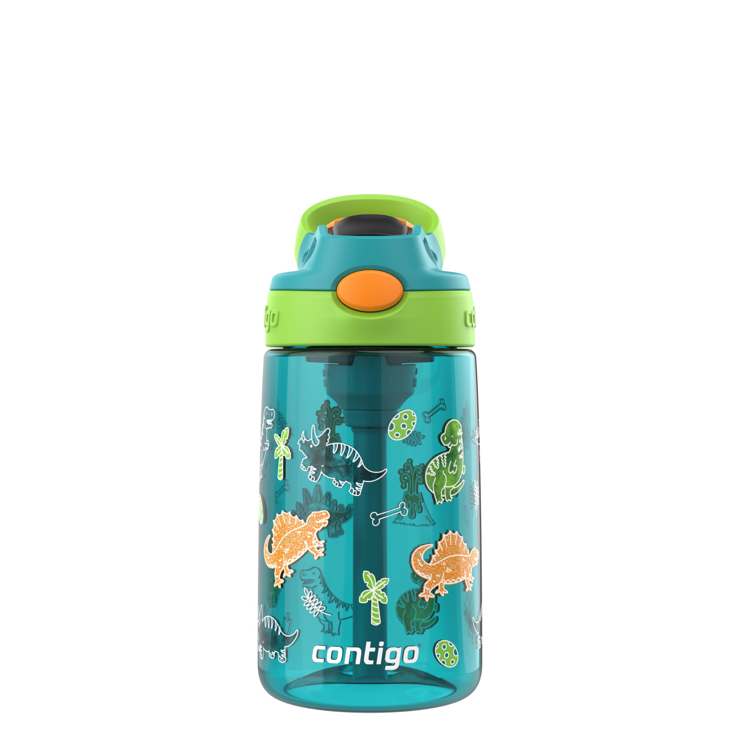 Photo 1 of Contigo Aubrey Paw Patrol Leak-Proof Spill-Proof Water Bottle with Autospout, 14oz, Juniper (Dino GFX), Green and Blue