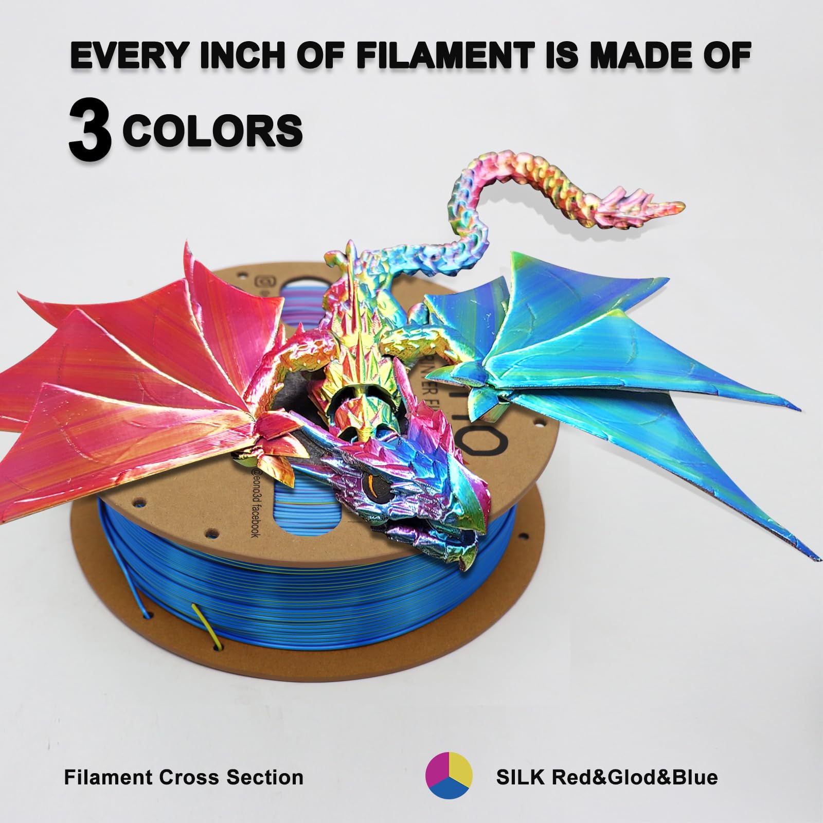 EONO Filament PLA 1,75mm Mehrfarbig Regenbogen PLA Filament für 3D Drucker Coextrusions Dreifarbiges Silk 1kg (2,2 lbs) Mehrfarbiges PLA,Tricolor Filament PLA, Silk PLA Filament Rot/Gold/Blau. 3