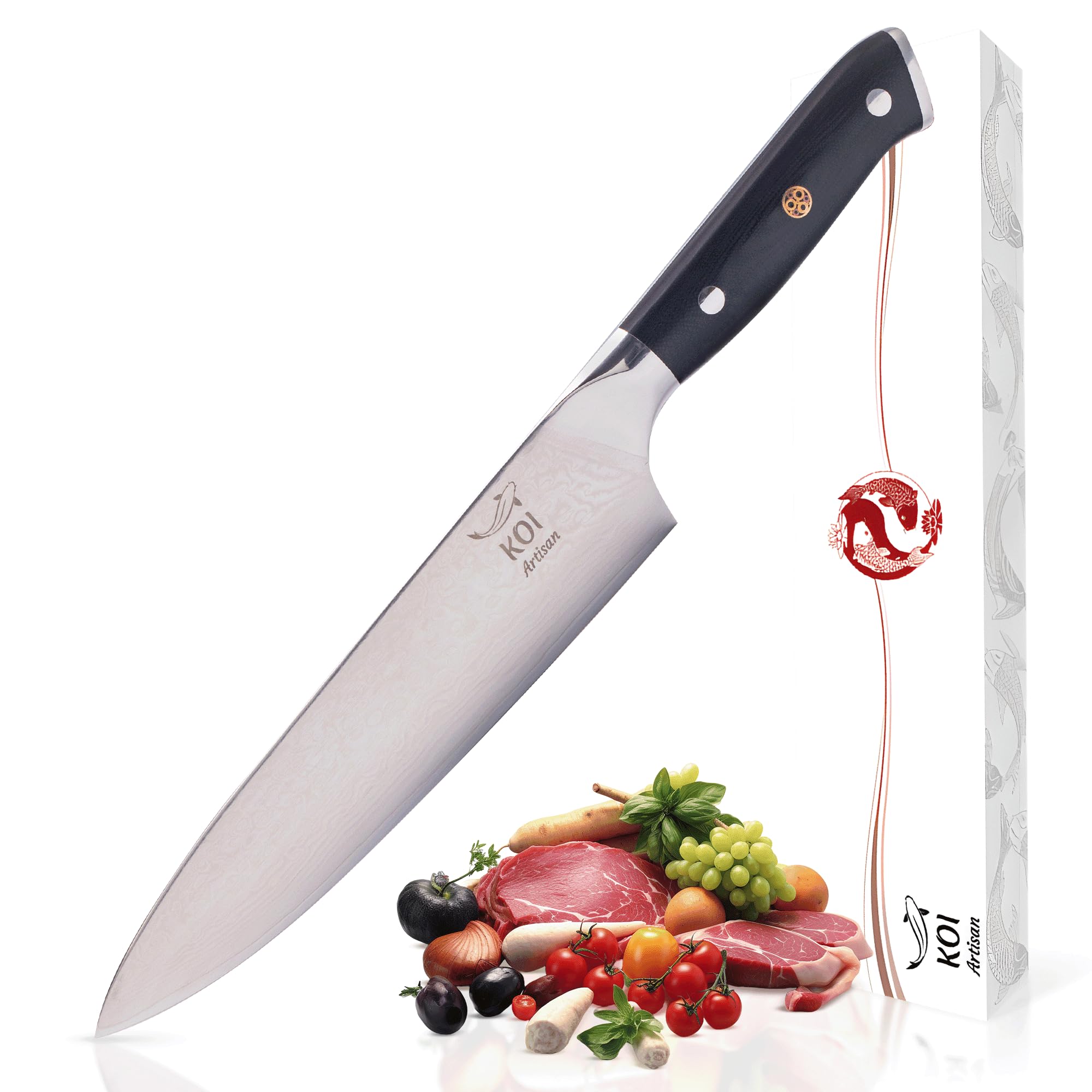 KOI ARTISAN Damascus Chef Knife - 8 Inch Razor Sharp Blade - Premium Kitchen Knives in Gift Box – Japanese Knifes VG10 Super Steel - Stain and Corrosion Resistant