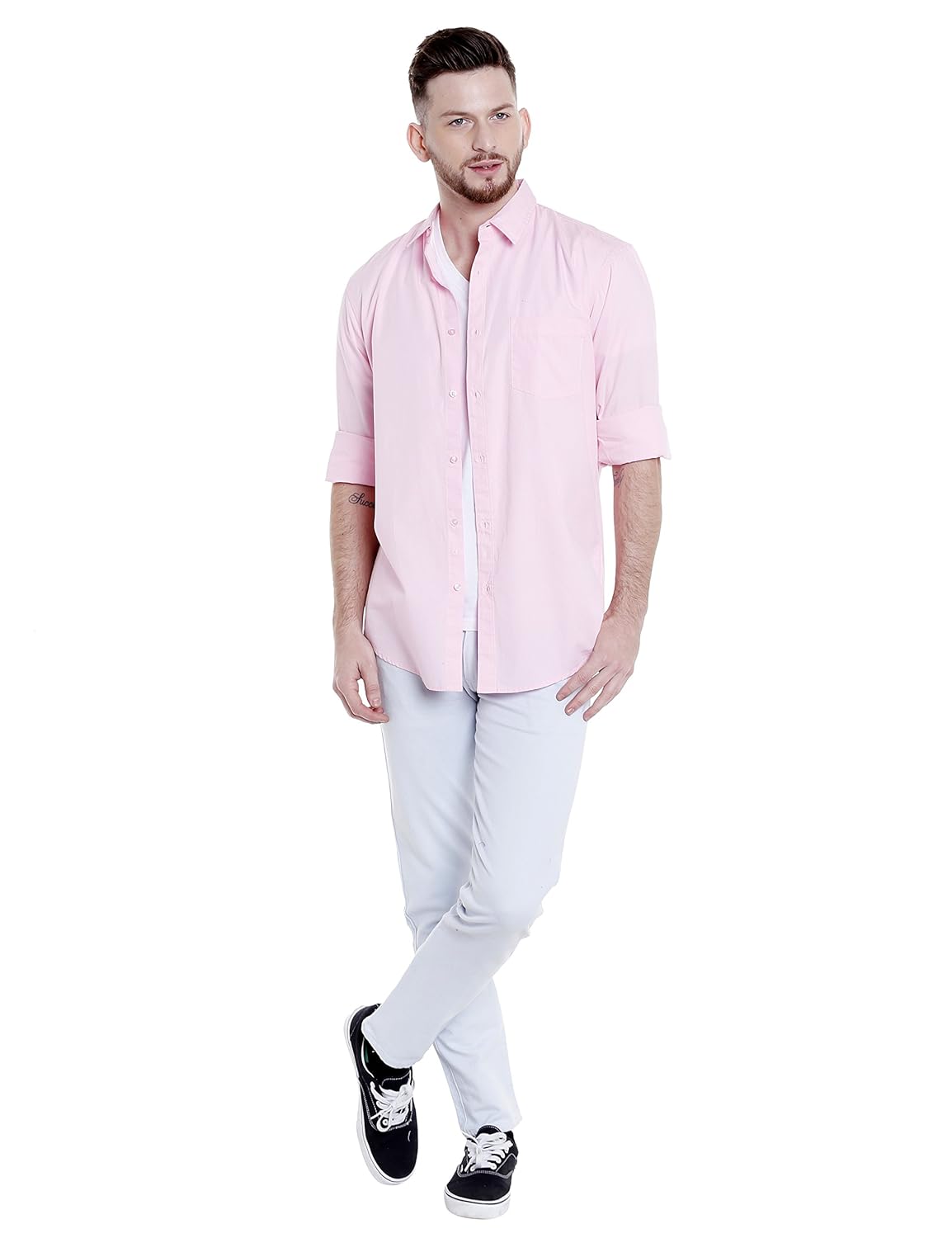 dennis lingo men's cotton pink solid casual shirt