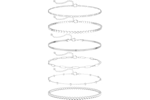 DEARMAY Dainty Silver Plated Chain Bracelets for Women Trendy, Waterproof Silver Jewelry Sets Fashion Stackable Beaded Figaro Herringbone Paperclip Chain Bracelet Pack Stack Gifts
