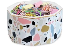 LEAZUL Ceramic Paper Clip Holder Gold Line Paper Clip Dispenser Organizer for Desk Cute Terrazzo Marble Pattern Office Binder Clip Holder Bobby Pin and Hair Clip Holder Gift for Office Pink